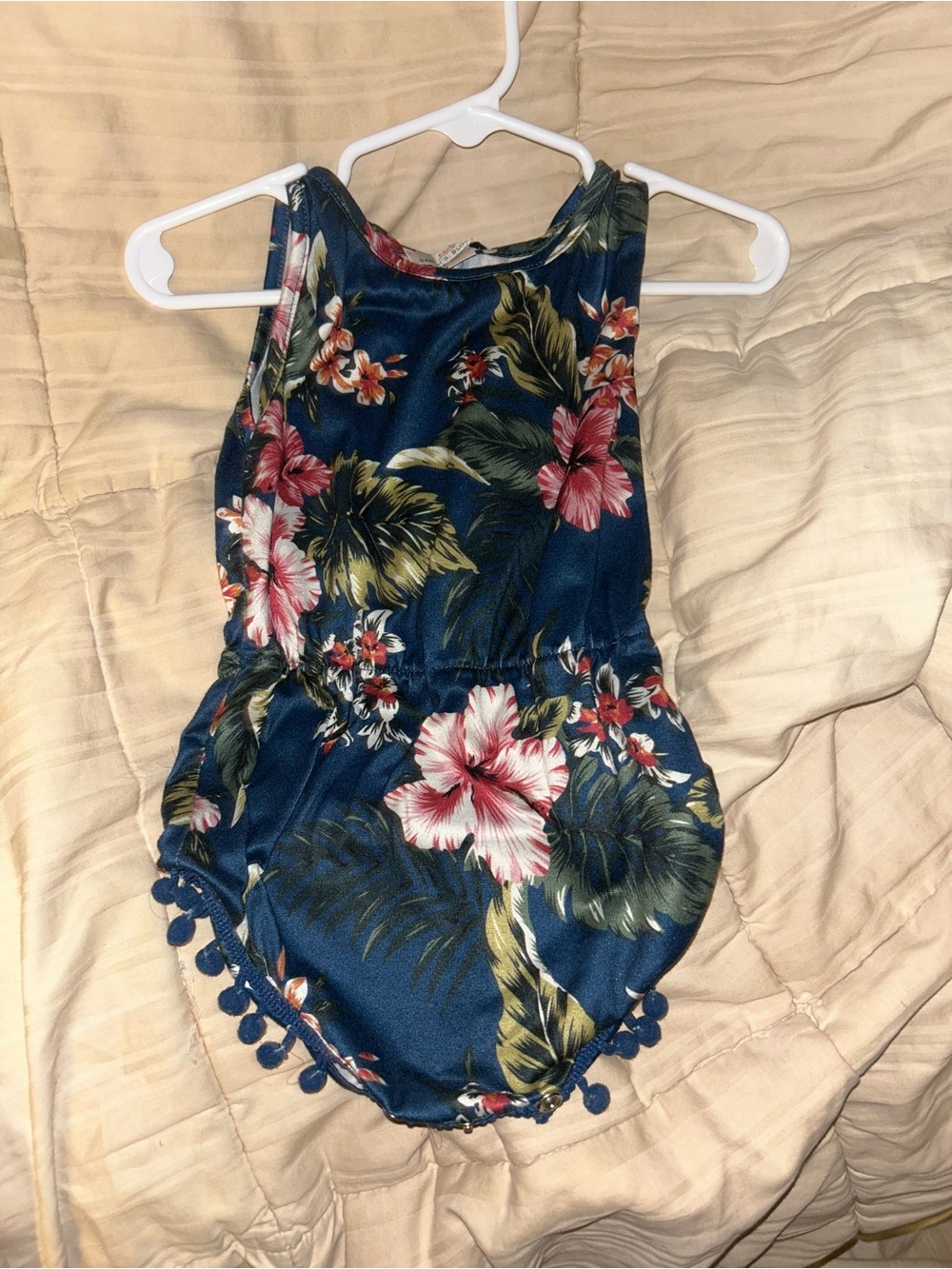 🍄3 for $10🍄 Navy Tropical Floral Pom Trim Baby Romper